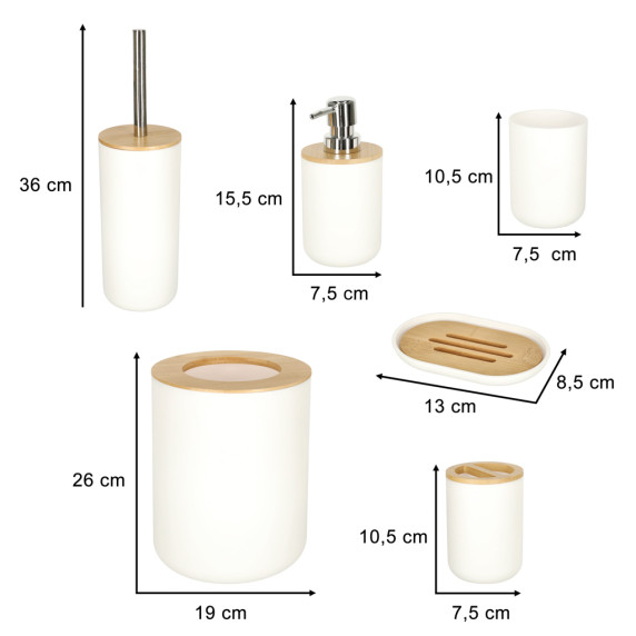 Fürdőszobai kiegészítő készlet 6 darabos - fehér/fa